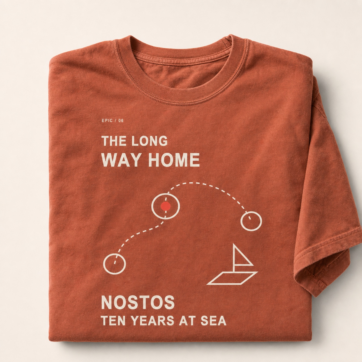 Folded Terracotta heavyweight shirt with the Nostos print.