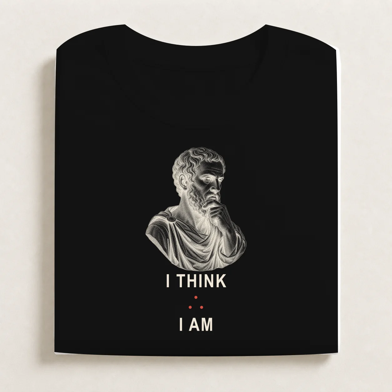 Cogito printed on a folded Black T-shirt.
