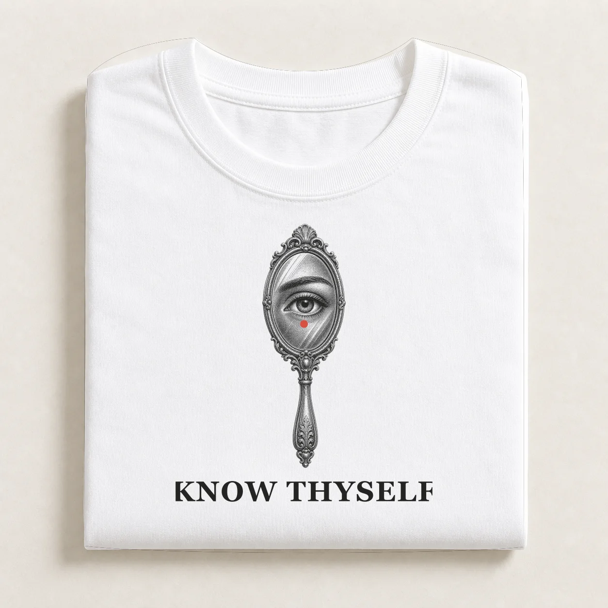 Know Thyself printed on a folded White T-shirt.