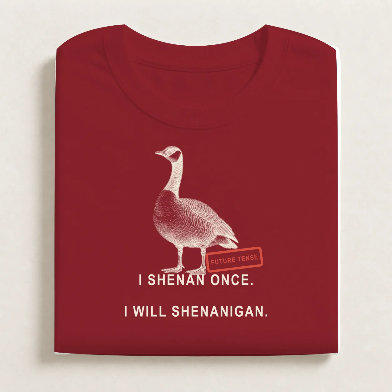 Shenanigan printed on a folded Brick Red T-shirt.