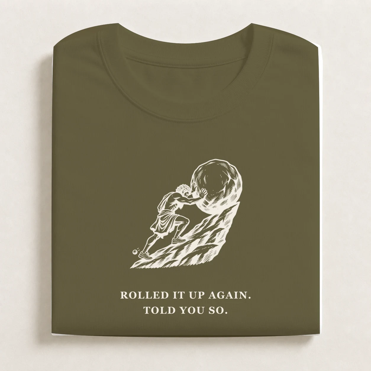 Sisyphus printed on a folded Army T-shirt.